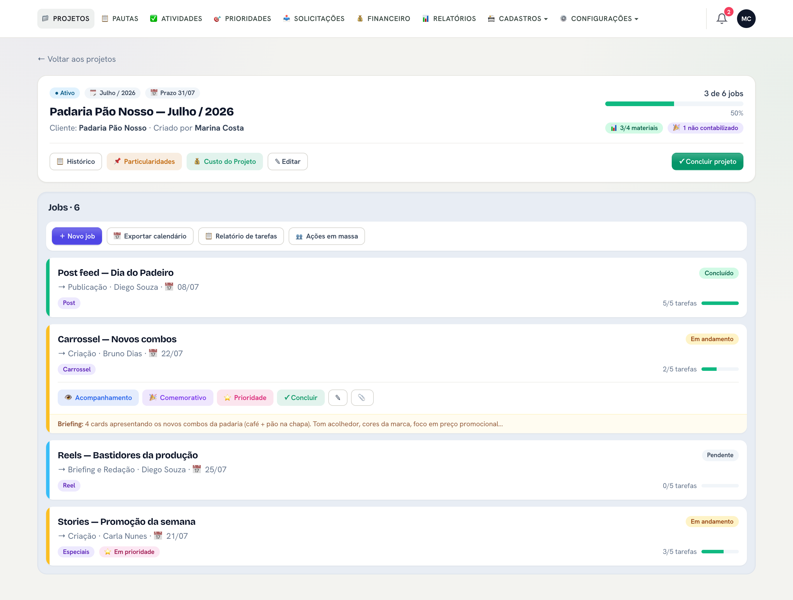 Tela de Projeto e JOBs do AMXis